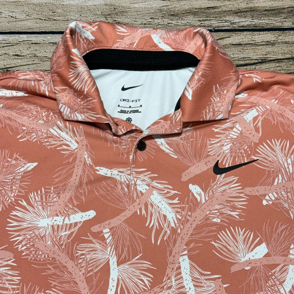 Nike Dri-FIT Polo Men Size M Orange Pine Botanical Print Golf Shirt FQ0402-823